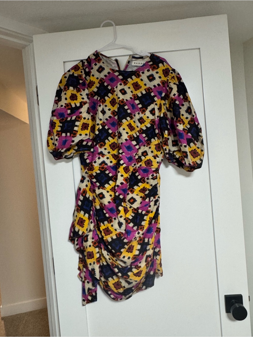 RHODE Multicolor Geometric Puff-Sleeve Mini Dress in Pink, Yellow & Blue - Picture 2 of 8
